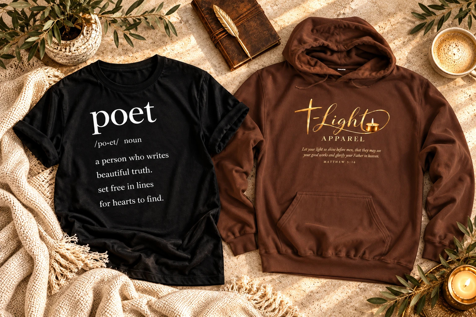 Black poet shirt and brown t-Light hoodie with original designs